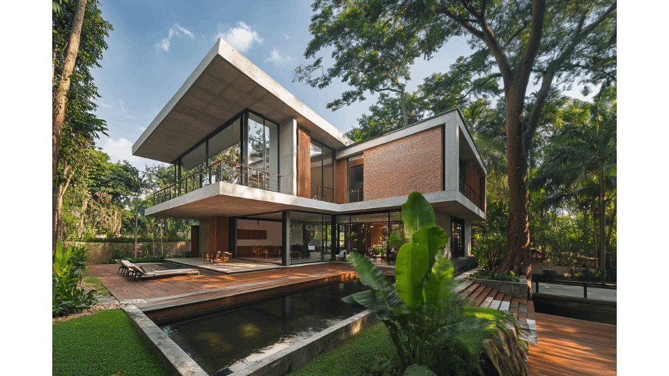 Modern tropical villa exterior with brick finish in Hyderabad by VishwArchitecture.