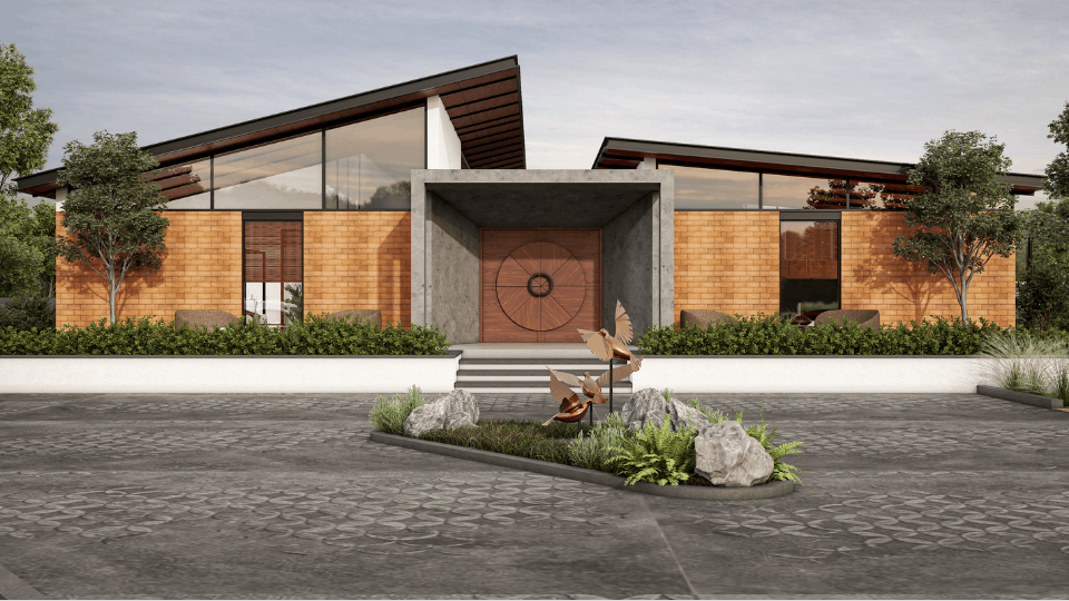 Stunning modern farmhouse elevation featuring traditional courtyard architectural principles in Hyderabad by VishwArchitecture.