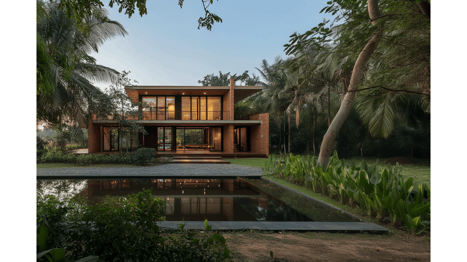 Stunning modern farmhouse elevation featuring traditional courtyard architectural principles in Hyderabad by VishwArchitecture